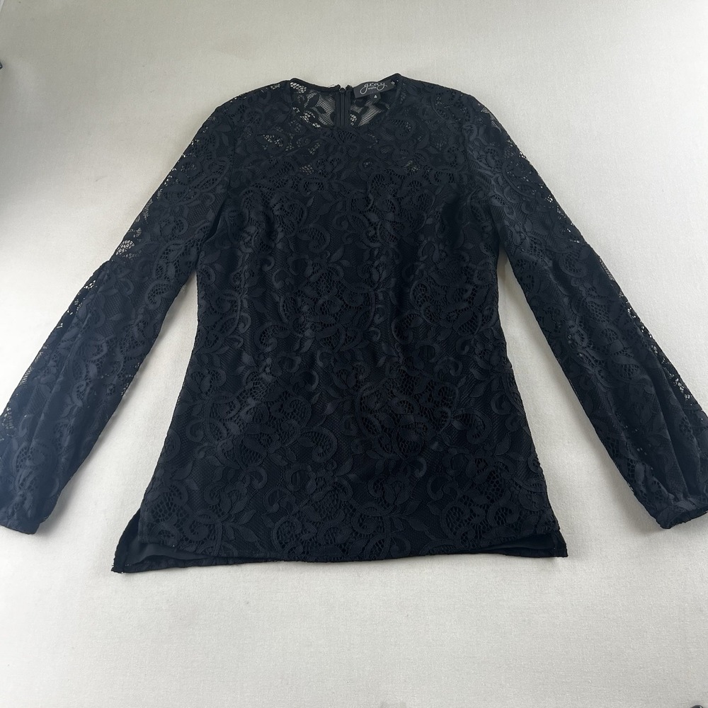 Gray Aspen Black Floral Lace Long Sleeve Blouse Top Size 4 Zipper Back